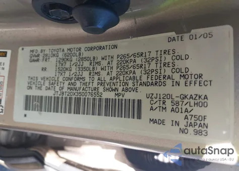 2005 Lexus Gx 470 z USA, uszkodzony, nr VIN JTJBT20X350076552